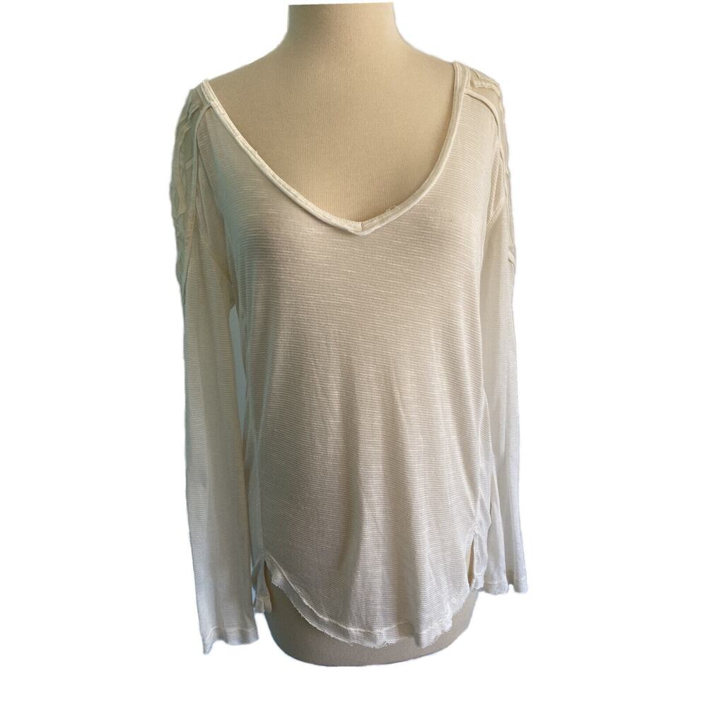 XS Free People Ivory Lace Detail Long Sleeve Top Shirt Blouse V-neck
